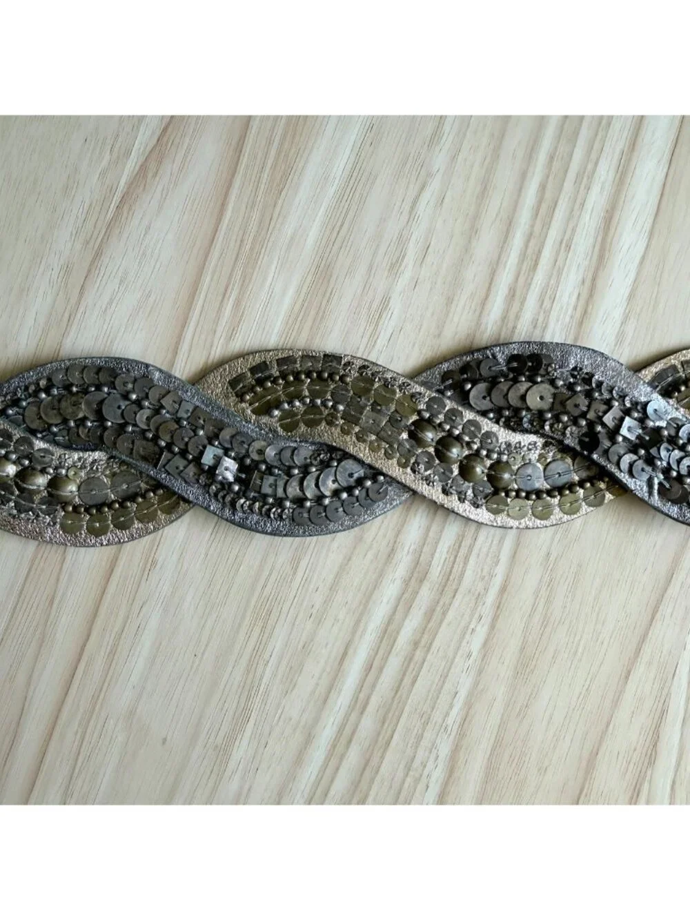 Vintage Womens Leather Belt L Fashion Braided Metallic Gold & Silver Sequins 45